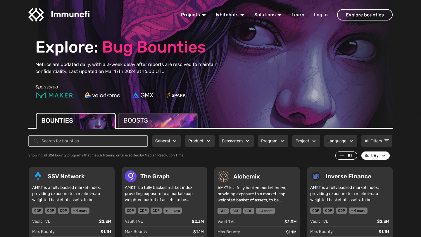 Immunefi Explore Bug Bounties page in its mature form, built entirely on the design system
