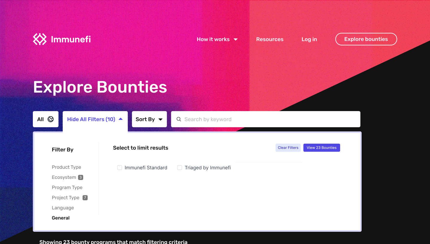 Early Immunefi Explore Bounties page: light theme, heavy gradient header, and a clunky expanding filter panel