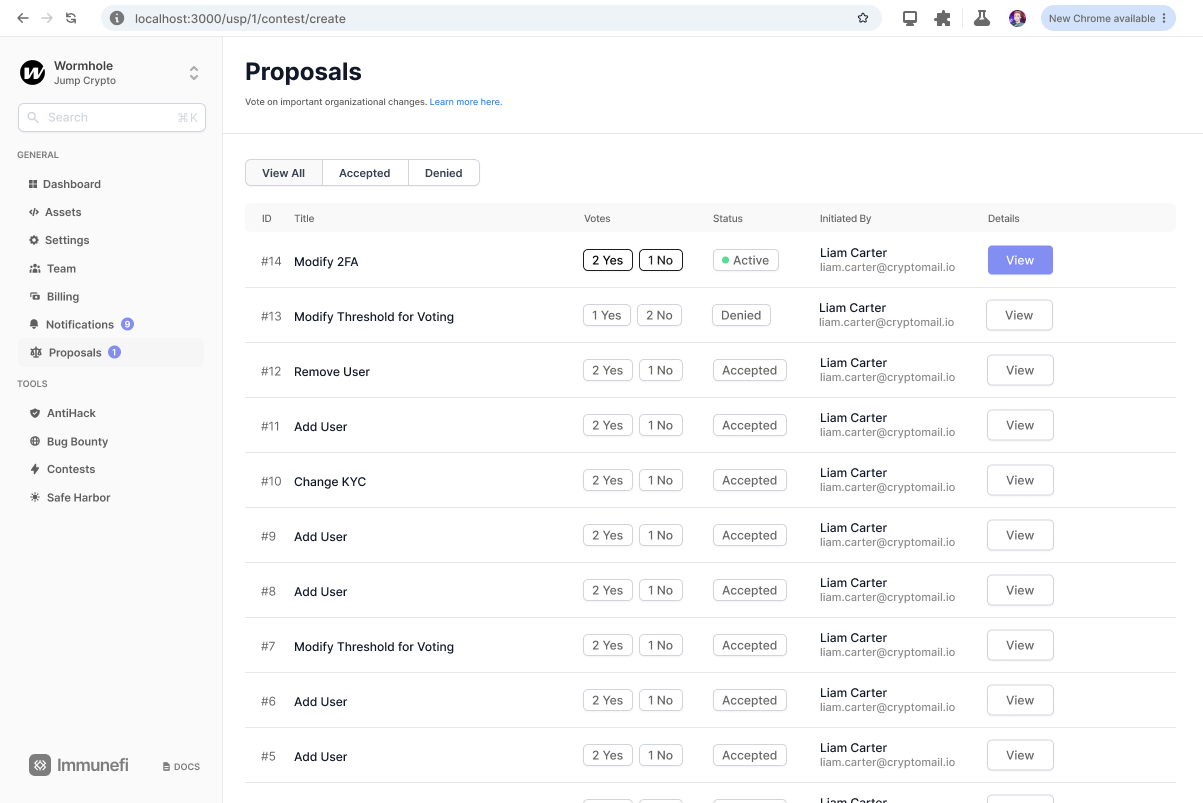 The orchestration platform's Proposals screen, built entirely from Immunefi design system components