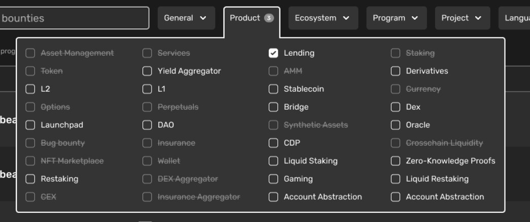 Immunefi filter dropdown showing dozens of project categories, with unavailable combinations grayed out and struck through