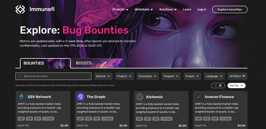 Immunefi Explore Bug Bounties page