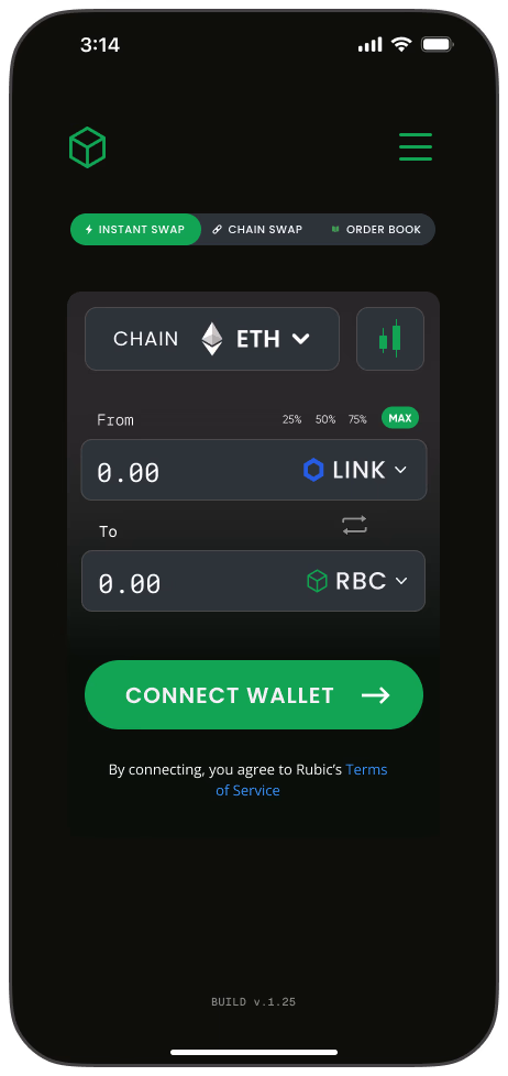 Rubic mobile swap screen with chain selector, from and to amounts, and a connect wallet button