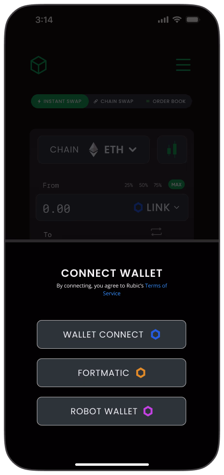 Rubic connect wallet sheet with WalletConnect, Fortmatic, and Robot Wallet options