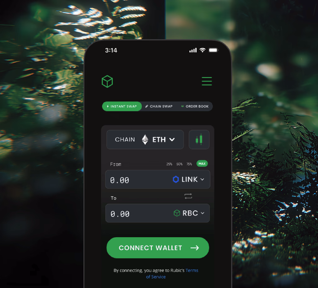 Rubic swap interface on a phone against a green forest backdrop